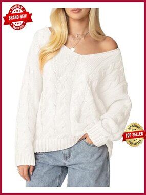 Oversized Cable Knit V-Neck Off Shoulder Sweater Pullover